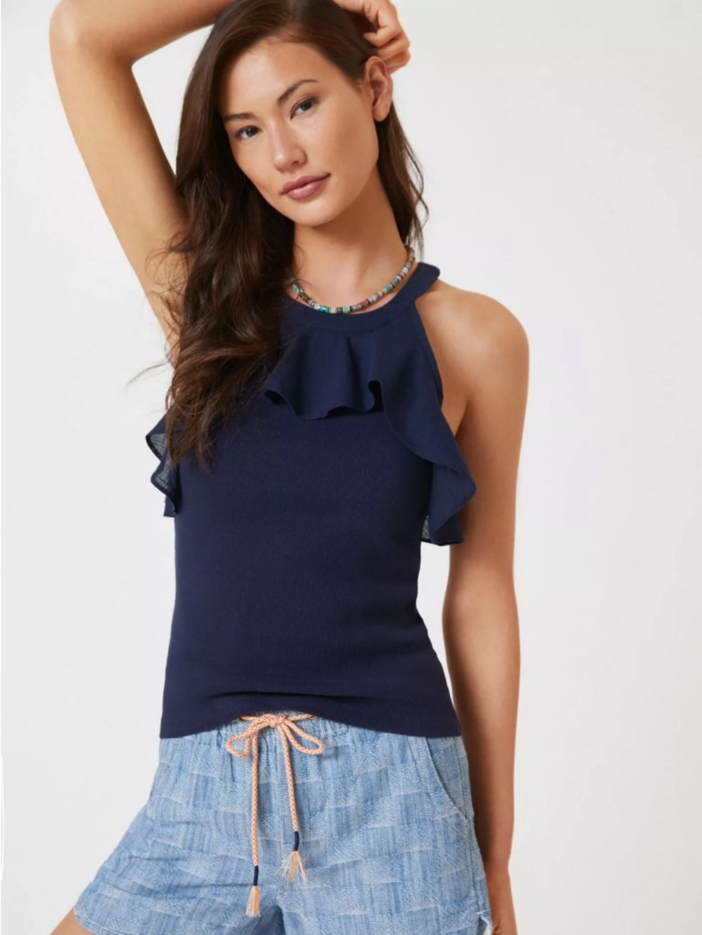 Maeve Navy Ruffle Halter Knit Tank